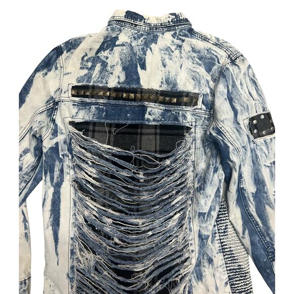Imperious Acid Wash Studded Blue White Button-Down Jacket Large - Picture 10 of 11